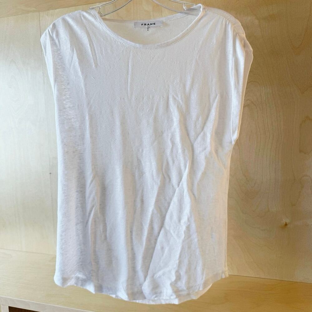 FRAME Slouchy Linen U Tee Size S White 100% Linen Relaxed Fit Short Cuff Sleeve